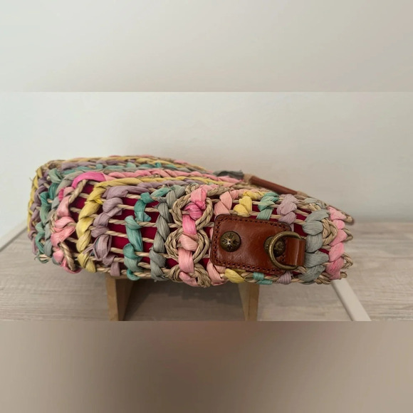 PATRICIA NASH Lesa Multicolor Pastel Straw Bag Wood Ring Handle Boho NO STRAP - Picture 6 of 11